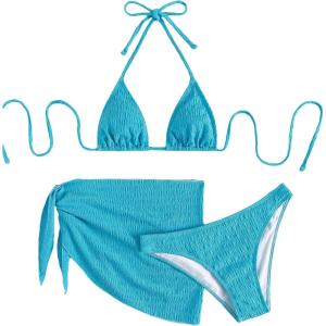 imageSHENHE Womens 3 Piece Textured High Cut Halter Triangle Bikini Swimsuit with Cover UpMint Blue