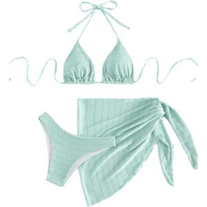 imageSHENHE Womens 3 Piece Textured High Cut Halter Triangle Bikini Swimsuit with Cover UpMint Green