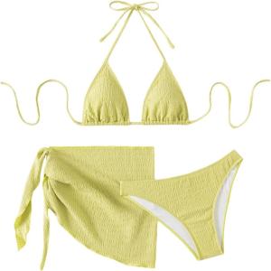 imageSHENHE Womens 3 Piece Textured High Cut Halter Triangle Bikini Swimsuit with Cover UpOlive Green