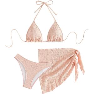 imageSHENHE Womens 3 Piece Textured High Cut Halter Triangle Bikini Swimsuit with Cover UpPink a