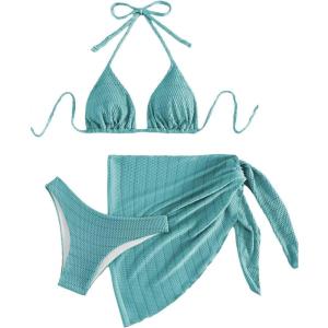 imageSHENHE Womens 3 Piece Textured High Cut Halter Triangle Bikini Swimsuit with Cover UpPlain Blue