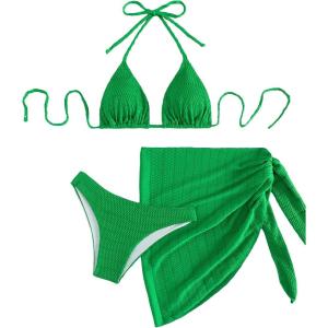 imageSHENHE Womens 3 Piece Textured High Cut Halter Triangle Bikini Swimsuit with Cover UpPlain Green