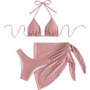 imageSHENHE Womens 3 Piece Textured High Cut Halter Triangle Bikini Swimsuit with Cover UpPlain Pink