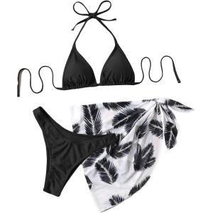 imageSHENHE Womens 3 Piece Textured High Cut Halter Triangle Bikini Swimsuit with Cover UpPlant Print Black