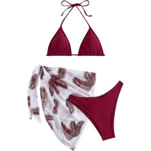 imageSHENHE Womens 3 Piece Textured High Cut Halter Triangle Bikini Swimsuit with Cover UpPlant Print Burgundy