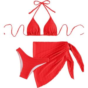 imageSHENHE Womens 3 Piece Textured High Cut Halter Triangle Bikini Swimsuit with Cover UpRed a
