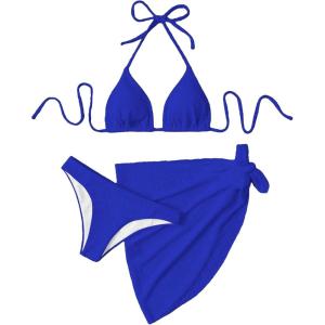 imageSHENHE Womens 3 Piece Textured High Cut Halter Triangle Bikini Swimsuit with Cover UpRoyal Blue