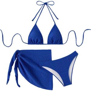 imageSHENHE Womens 3 Piece Textured High Cut Halter Triangle Bikini Swimsuit with Cover UpRoyal Blue a