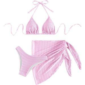 imageSHENHE Womens 3 Piece Textured High Cut Halter Triangle Bikini Swimsuit with Cover UpSolid Pink