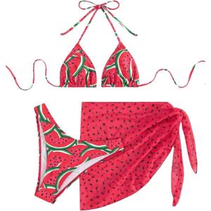 imageSHENHE Womens 3 Piece Textured High Cut Halter Triangle Bikini Swimsuit with Cover UpWatermelon Red