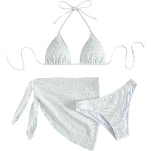 imageSHENHE Womens 3 Piece Textured High Cut Halter Triangle Bikini Swimsuit with Cover UpWhite