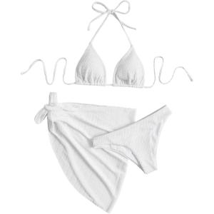imageSHENHE Womens 3 Piece Textured High Cut Halter Triangle Bikini Swimsuit with Cover UpWhite Plain