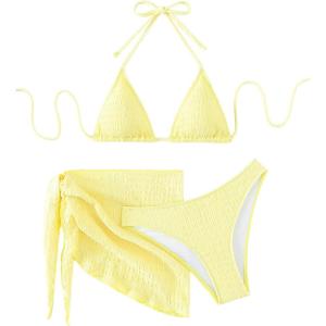imageSHENHE Womens 3 Piece Textured High Cut Halter Triangle Bikini Swimsuit with Cover UpYellow Plain