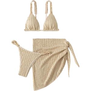 imageSHENHE Womens 3 Pieces Swimsuits with Lace Sarong Coverup Skirt Triangle Frilly Bikini SetApricot