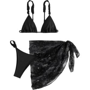 imageSHENHE Womens 3 Pieces Swimsuits with Lace Sarong Coverup Skirt Triangle Frilly Bikini SetBlack
