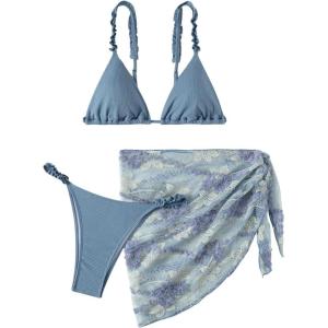 imageSHENHE Womens 3 Pieces Swimsuits with Lace Sarong Coverup Skirt Triangle Frilly Bikini SetDusty Blue