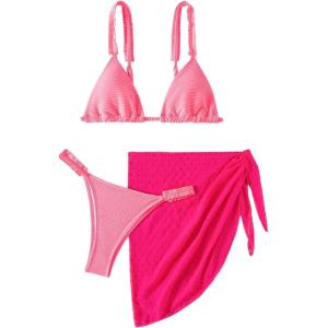 imageSHENHE Womens 3 Pieces Swimsuits with Lace Sarong Coverup Skirt Triangle Frilly Bikini SetHot Pink