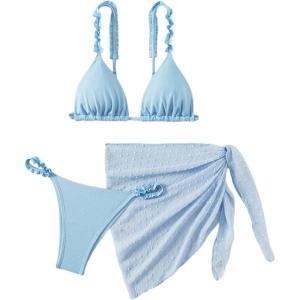 imageSHENHE Womens 3 Pieces Swimsuits with Lace Sarong Coverup Skirt Triangle Frilly Bikini SetLight Blue