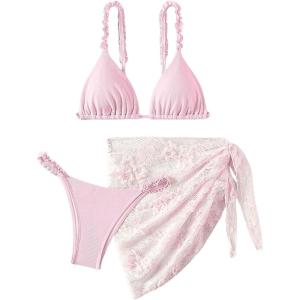 imageSHENHE Womens 3 Pieces Swimsuits with Lace Sarong Coverup Skirt Triangle Frilly Bikini SetPink