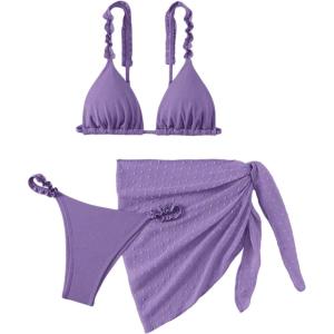 imageSHENHE Womens 3 Pieces Swimsuits with Lace Sarong Coverup Skirt Triangle Frilly Bikini SetPurple