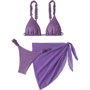 imageSHENHE Womens 3 Pieces Swimsuits with Lace Sarong Coverup Skirt Triangle Frilly Bikini SetShiny Purple