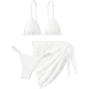 imageSHENHE Womens 3 Pieces Swimsuits with Lace Sarong Coverup Skirt Triangle Frilly Bikini SetSolid White