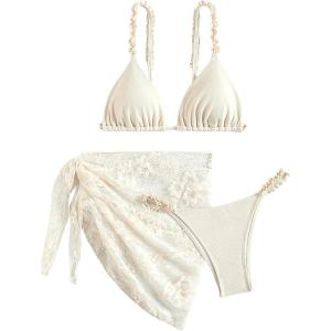 imageSHENHE Womens 3 Pieces Swimsuits with Lace Sarong Coverup Skirt Triangle Frilly Bikini SetWhite