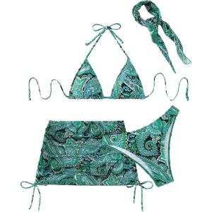 imageSHENHE Womens 4 Piece Paisley Swimsuit Halter Tie Back Sexy Triangle Bikini Sets with Cover UpGreen
