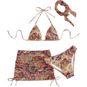 imageSHENHE Womens 4 Piece Paisley Swimsuit Halter Tie Back Sexy Triangle Bikini Sets with Cover UpOrange Multicolor