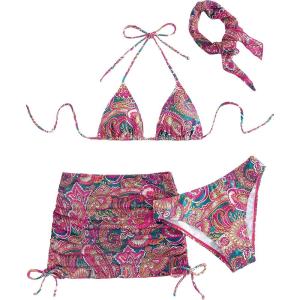 imageSHENHE Womens 4 Piece Paisley Swimsuit Halter Tie Back Sexy Triangle Bikini Sets with Cover UpRed
