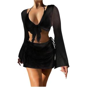 imageSHENHE Womens 4 Piece Swimsuit Fishnet Triangle Halter String Bikini Set with Cover Up Top SkirtBlack