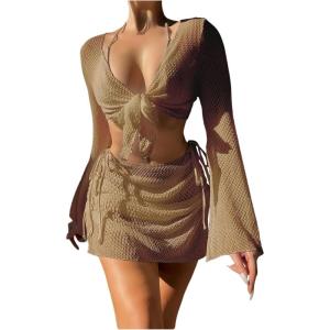 imageSHENHE Womens 4 Piece Swimsuit Fishnet Triangle Halter String Bikini Set with Cover Up Top SkirtCoffee Brown