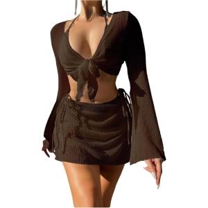 imageSHENHE Womens 4 Piece Swimsuit Fishnet Triangle Halter String Bikini Set with Cover Up Top SkirtDark Brown