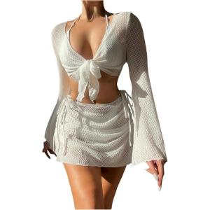 imageSHENHE Womens 4 Piece Swimsuit Fishnet Triangle Halter String Bikini Set with Cover Up Top SkirtWhite