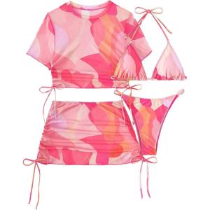 imageSHENHE Womens 4 Pieces Thong Swimsuits Halter Triangle Bikini Set with Cover Up Top and SkirtPink