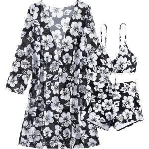 imageSHENHE Womens Floral 3 Piece Swimsuits High Waisted Boyshort Bikini Set with Kimono Cover UpBlack and White