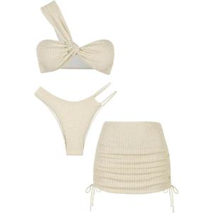 imageSHENHE Womens One Shoulder Twisted High Cut 3 Piece Bandeau Bikini Set with Cover Up SkirtBeige