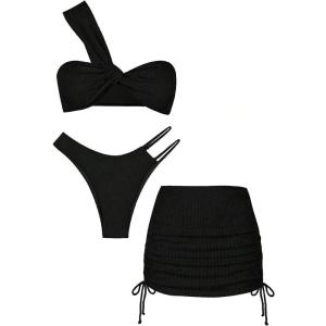 imageSHENHE Womens One Shoulder Twisted High Cut 3 Piece Bandeau Bikini Set with Cover Up SkirtBlack