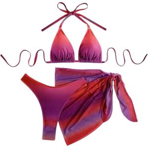 imageSHENHE Womens Plus Size 3 Piece Swimsuits Triangle Halter High Cut Thong Bikini Set with SarongMulticolor