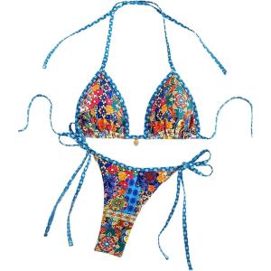 imageSHENHE Womens Vacation Random Print Halter Neck Bikini Set Beach Outfit 2 Piece Bathing Suit Floral Print Blue Small