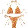 imageSHENHE Womens 2 Piece Smocked Triangle Bikini Sets Halter Drawstring Side Cute SwimsuitsFloral Orange