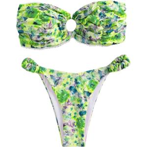 imageSHENHE Womens 2 Piece Bikini Set Summer Solid Ring Strapless Textured BathingsuitGreen