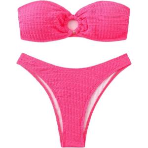 imageSHENHE Womens 2 Piece Bikini Set Summer Solid Ring Strapless Textured BathingsuitHot Pink