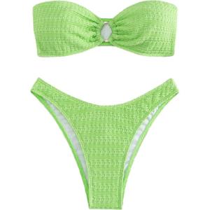 imageSHENHE Womens 2 Piece Bikini Set Summer Solid Ring Strapless Textured BathingsuitLime Green