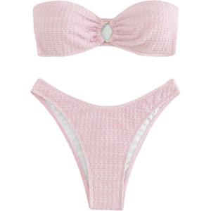 imageSHENHE Womens 2 Piece Bikini Set Summer Solid Ring Strapless Textured BathingsuitO Ring Pink