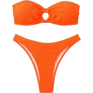 imageSHENHE Womens 2 Piece Bikini Set Summer Solid Ring Strapless Textured BathingsuitOrange