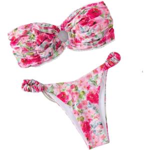 imageSHENHE Womens 2 Piece Bikini Set Summer Solid Ring Strapless Textured BathingsuitPink