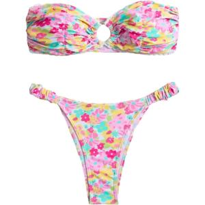 imageSHENHE Womens 2 Piece Bikini Set Summer Solid Ring Strapless Textured BathingsuitPink Multi