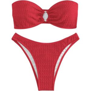 imageSHENHE Womens 2 Piece Bikini Set Summer Solid Ring Strapless Textured BathingsuitRed