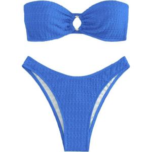 imageSHENHE Womens 2 Piece Bikini Set Summer Solid Ring Strapless Textured BathingsuitRing Blue